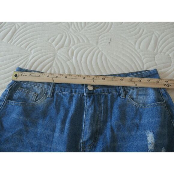 Fam Fam XL Blue Distressed Denim Skirt Front Slit Raw Hem Jean Skirt - Picture 7 of 9